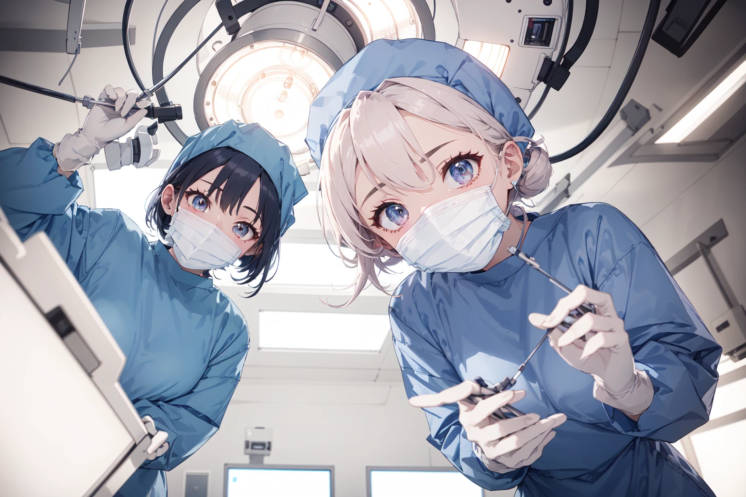 (RAW photo, best quality), 1girl, long sleeve surgical outfit, surgical mask, surgical gloves, surgical cap, operating room, overhead surgical light, looking downward, multiple girls,
<lora:concept_surgery_pov_v3_1:1> surgery_pov, view from below, pov,