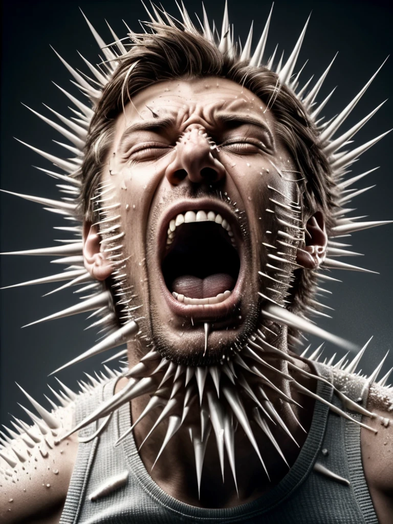 low angle, from below, photo, realistic, portrait, man sneezing violently toward the camera, running nose, shooting snot at the camera, (smear on lens:1.5) <lora:ral-spikes-sdxl:1> ral-spikes