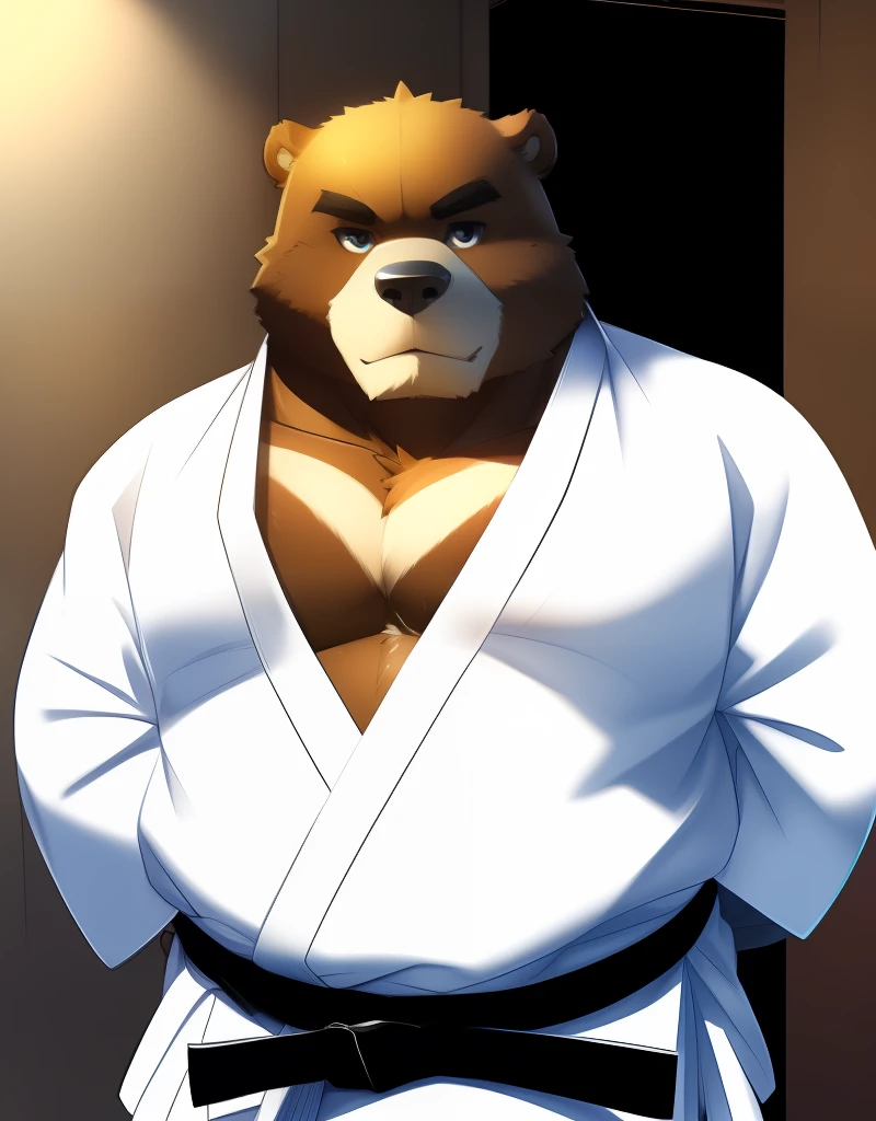 (((detailed eyes, detailed face))), (bara, juuichi <lora:character_juuichi_findigo_v3:1>, bear, short hair, black eyes), male, (solo), (plump, fat, chubby, overweight), (white dougi, martial arts belt, white pants), standing, (arms behind back), smile BREAK (konzaburou, ukan_muri, cute), bedroom, (flat shading, [flat color], high brightness <lora:add_brightness:1>), 8k, UHD, masterpiece, (full body)