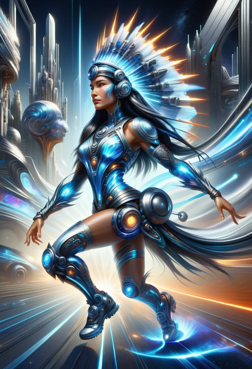 hyper detailed masterpiece, dynamic, awesome quality, DonMFmaXL female interstellar trader, senior, builky, native american, gray eyes, gauged ears, protruding chin with cleft, overbite jaw, unique cheeks, curved forehead, , black wavy haircut hair, loneliness, solar-powered radiance, character basks in sunlight with arms outstretched, absorbing solar energy through integrated panels, wearing circuit board pattern sonic soundwave fabric plasma skirt, holo-glitter tank top, holographic crown, , elegant turn, character turns with a graceful spin, showcasing fluid body movement, urban reflections in puddles, graffiti-covered walls reflecting cyberpunk art, virtual reality cyberspace, <lora:DonMFmaXL-000008:1>