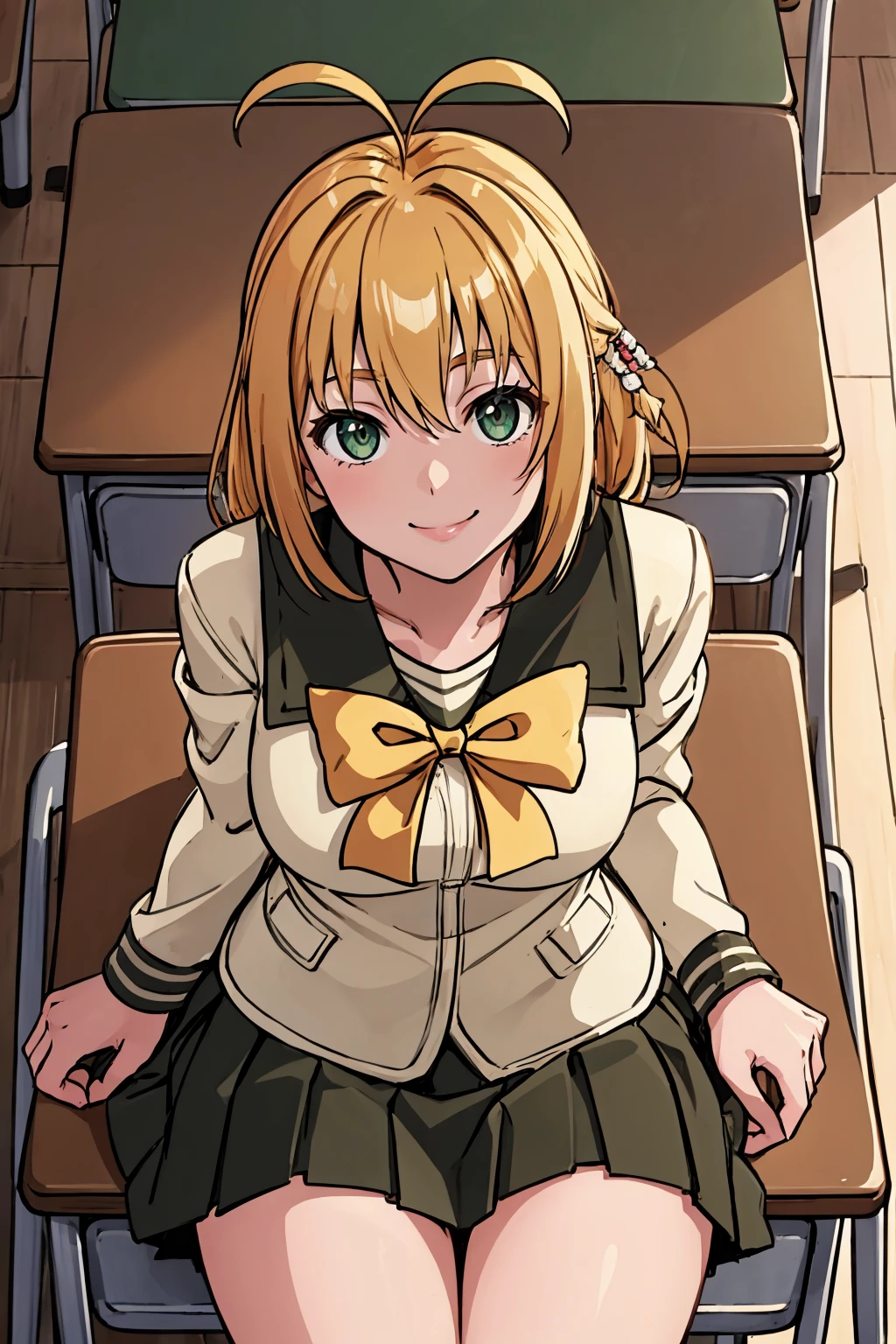 (masterpiece, best quality:1.2), from above, makischool, smile, looking at viewer, sitting, chair, antenna hair, hair beads, school uniform, serafuku, yellow bow, long sleeves, brown skirt, classroom <lora:voiceroid_tsurumaki-10:1>