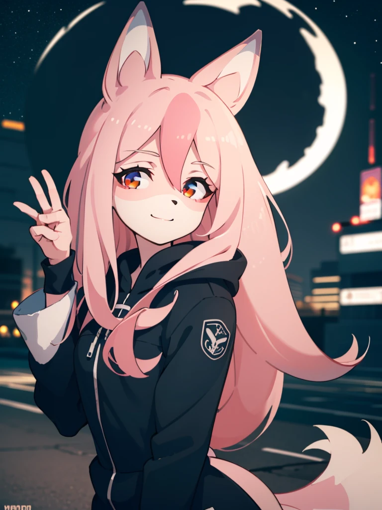 1 girl, fox girl, solo, furry,furry female, nazuna_hiwatashi, pink hair,long hair, red eyes, animal nose, fox ears, ((bushy tail, tail)), (high quality, best quality, (4k), hi res, masterpiece, beautiful, high details), <lora:nazuna:0.8>, happy, looking at viewer, night, cyber city, futuristic, looking at viewer, detailed eyes, smile, (starry sky)