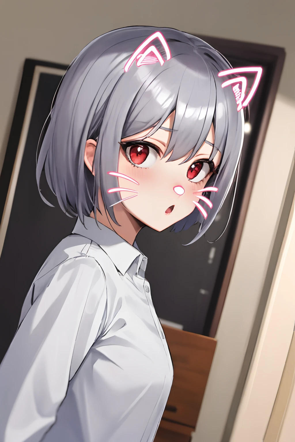 solo, hires,high resolution, catfacefilter,(face filter:1.1), pink face filter,drawn ears, drawn nose, drawn whiskers,<lora:cat face filter v1:1.0>, grey hair, red eyes, bedroom, shirt, surprised, (:o:1.1), dutch angle, portrait, from side, looking at viewer, standing, upper body