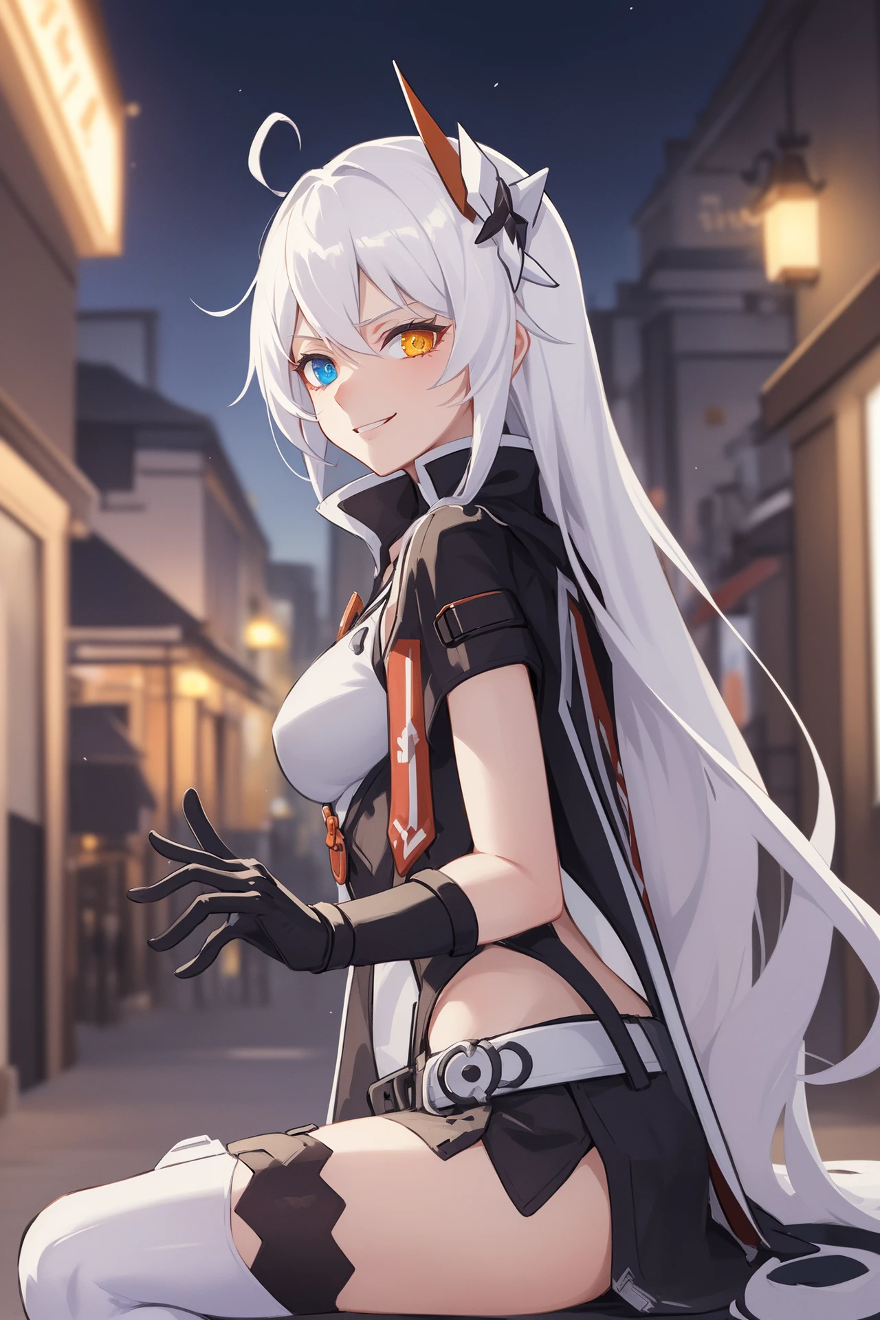 (masterpiece, best quality, high detailed, 8k uhd:1.2), <lora:KianaVD_V2-08:0.8>, kiana vd, 1girl, solo, slender,(medium breasts), (smug, smirk, heterochromia:1.2), (long hair, white hair, hair ornament), (dress, thighhighs, cropped jacket:1.4), (armor, bare arms, asymmetrical gloves:1.2), (cowboy shot, looking at viewer, sitting on the streets, from side:1.2), night, outdoors
