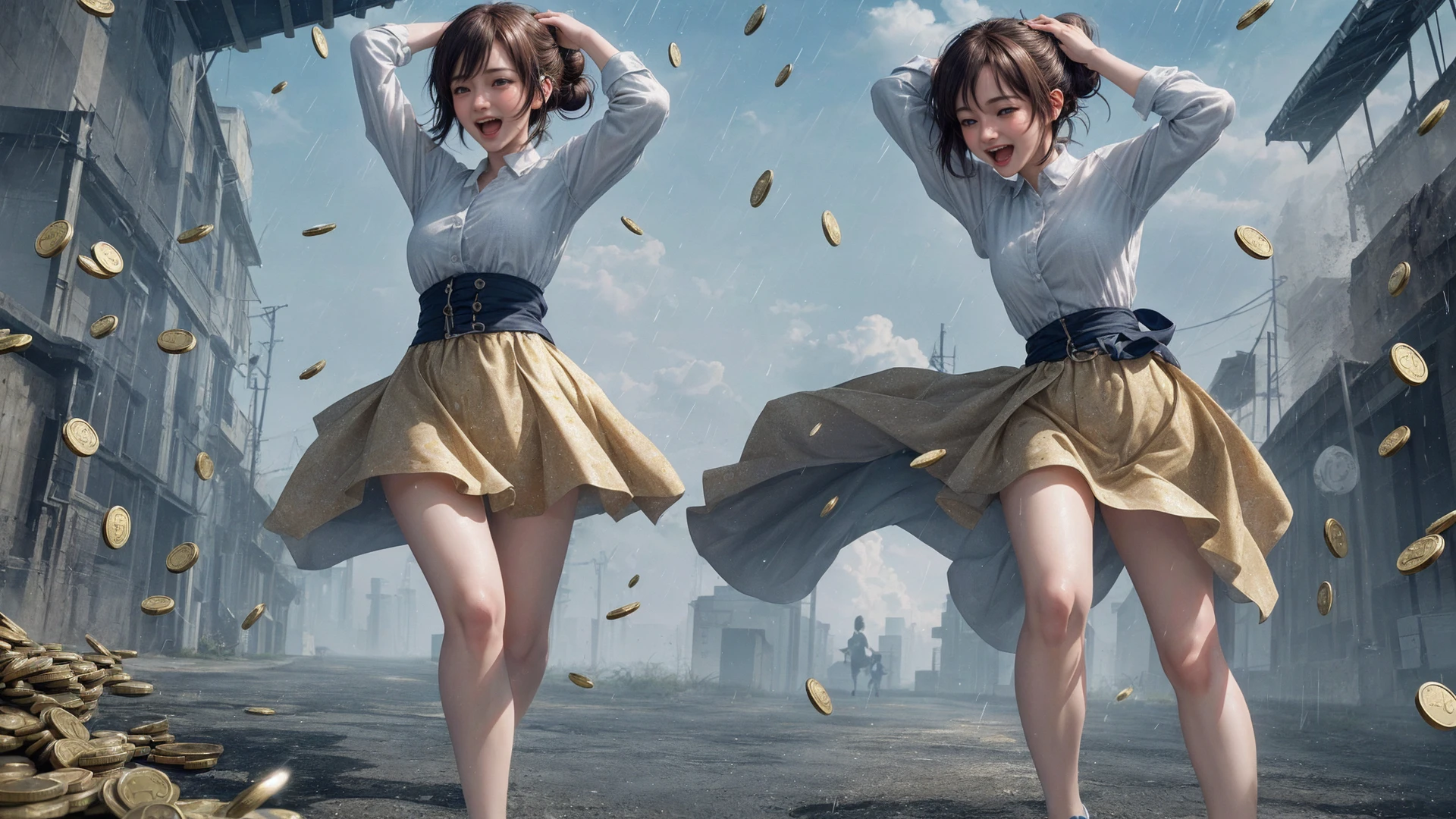 <lora:that is me:0.3>, 1girl,solo, (running Lady Knight, raining gold coins from the sky, gold coins crashing down on the head of the female knight, the female knight holding her head in delight, grand epic scene):1.6, beautiful face,long hair,cinemagraph, close-up, Wide Angle, movieer, movie theacrazy laugh, crazy, full body, short hair, hair bun,
from below,masterpiece,best quality,official art,extremely detailed CG unity 8k wallpaper, sharpening, <lora:run:0.6>run,running,sky,coins,
<lora:add_detail ç»èè°èå¨:0.5>