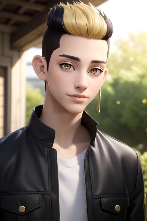 photorealistic, (4k), depth of field, (Masterpiece), (realistic skin texture), extremely detailed, intricate, hyper detailed, high resolution, professional photography, bokeh, depth of field, sharp detail, best quality, looking at viewer, 1boy, solo, male focus, <lora:shuuji_hanma:0.88>, shuuji_hanma, black hair, yellow eyes, multicolored hair, blonde hair, two-tone hair, , , gakuran, , fairytale, HD