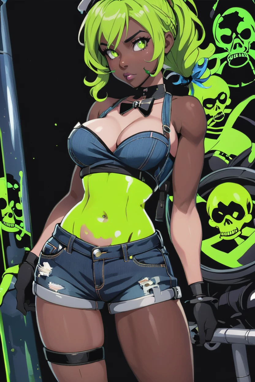 scifi, (toxic:2), <lora:EnvyToxicXL01:1.5><lora:EnvySendNoodzXL01:0>1girl, woman, bad girl, [:seductive, intricate costume design,:0.2], bombshell punk hair, light green hair, Spiral Curls,pixie cut, denim shorts, bombshell hair, matte platinum hair, side ponytail,Emo Cut, tall, athletic thicc hourglass figure,(muscular legs:0.6), (dark skin:1.3)<lora:EnvyBetterHiresFixXL01:0:hr=1>