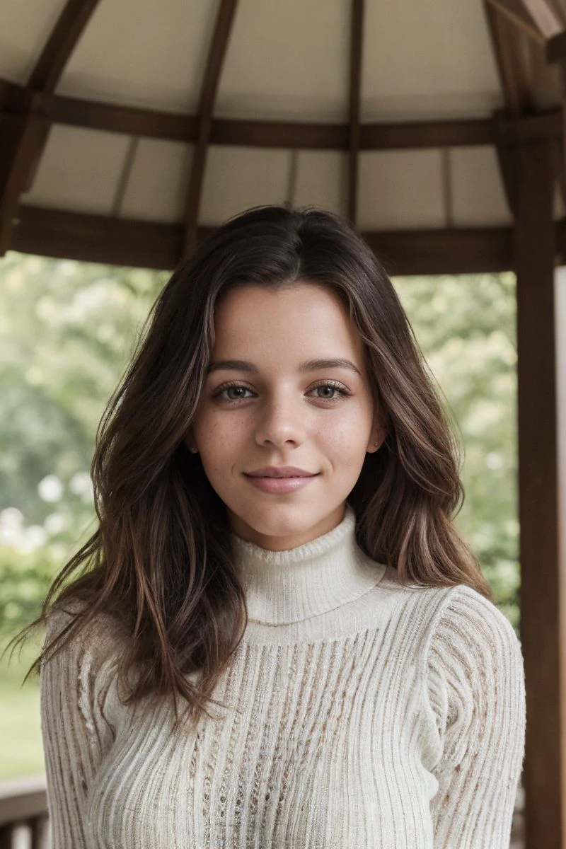 photo of S277_EkaterinaAlyabova,a stunning woman,in a (gazebo:1.1),wearing a (cowlneck:1.1) and (pants),(smiling),(4k, RAW photo, best quality, depth of field, ultra high res:1.1),(absurdres, intricate, photorealistic, masterpiece, ultra-detailed:1.1),
