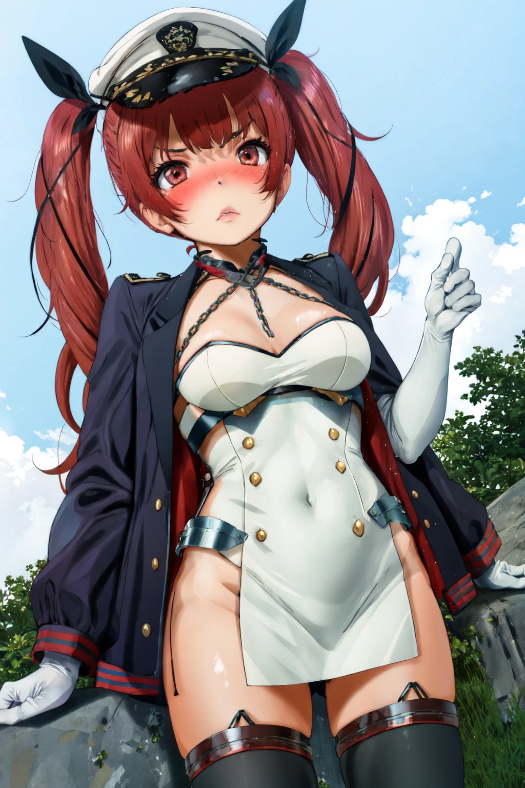 masterpiece, best quality, 1girl, blush, <lora:HonoluluLORA:1> Honolulu, long hair, twintails, HonoluluBase, black ribbon, peaked cap, chain, jacket, jacket on shoulder, short dress, white gloves, elbow gloves, black thighhighs, garter straps, <lora:spfuhimikoStyle-15:1>