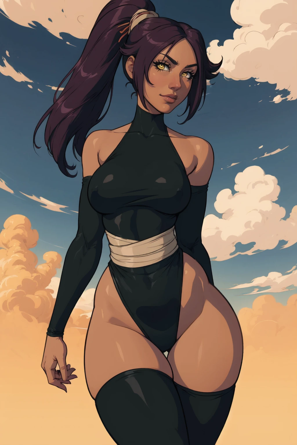 1girl, (solo:1.2), (cowboy shot:1.2), (looking at viewer:1.3),
<lora:Yoruichi [justTNP - v1.0]:1.0> shihouin yoruichi, dark skin, (dark-skinned female:1.2), ponytail, black leotard, leotard, thighhighs, purple hair, black hair, yellow eyes, detached sleeves, black thighhighs, black sleeves, halterneck, black clothes, bare shoulders, large breasts, curvy, athletic, toned
BREAK <lora:Blanclaus [MockAi - v1.0]:0.9> blanclaus, western artstyle
BREAK intricate details, (masterpiece:1.3), (best quality:1.3), (perfect anatomy:1.4) BREAK, (beautiful white clouds:1.3), puffy clouds, white sky