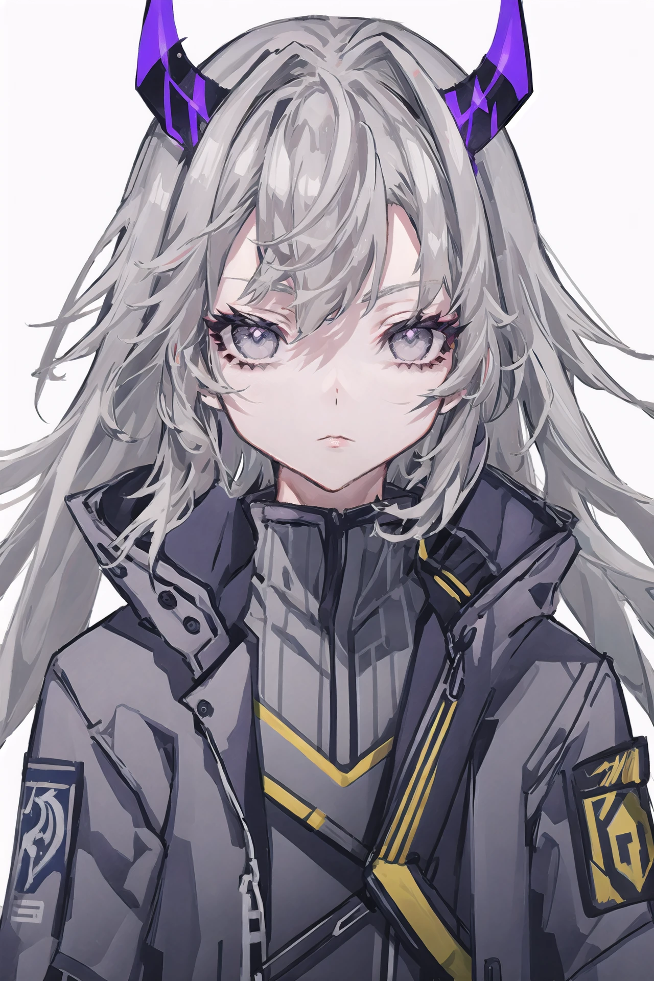 solo, white background, gloves, upper body, looking at viewer, grey hair, simple background, black gloves, 1girl, jacket, scar, long hair, closed mouth, purple eyes, grey eyes, horns, black jacket
/////////// <lora:menou-000208:1>, <lora:ç»ä¸½çå
å½±:0.2>,<lora:add_detail:0.35>, <lora:adaptedmodel:0.35>