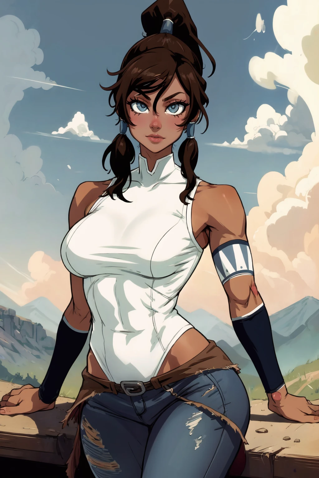 1girl, (solo:1.2), (cowboy shot:1.2), (looking at viewer:1.3),
<lora:Korra [justTNP - v1.0]:1> korra, dark skin, (dark-skinned female:1.2), pants, ponytail, hair tubes, sleeveless, bare shoulders, brown hair, blue eyes, toned, (muscular female), (large breasts:1.2), curvy
BREAK <lora:Asanagi [MockAi - v1.0]:0.85> asanagi, (anime aesthetic:1.2), matching eyelashes, detailed eyes
BREAK intricate details, (masterpiece:1.3), (best quality:1.3), (perfect anatomy:1.4) BREAK, (beautiful white clouds:1.3), puffy clouds, white sky