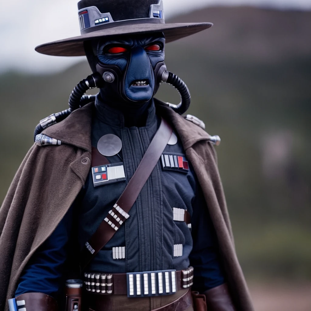 cinematic film still of  <lora:Cad Bane v2:1.2>
Cad Bane a blue skin big red eyes western man with breathing tubes in a hat and a cape with a bullet belt In star wars universe, shallow depth of field, vignette, highly detailed, high budget, bokeh, cinemascope, moody, epic, gorgeous, film grain, grainy