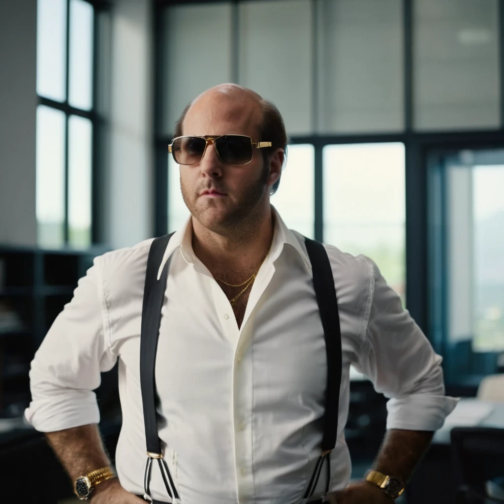 cinematic film still of <lora:Les Grossman:1.2>
Les Grossman a man in a white shirt and black suspenders and sunglasses looking at something in a studio office , shallow depth of field, vignette, highly detailed, high budget, bokeh, cinemascope, moody, epic, gorgeous, film grain, grainy