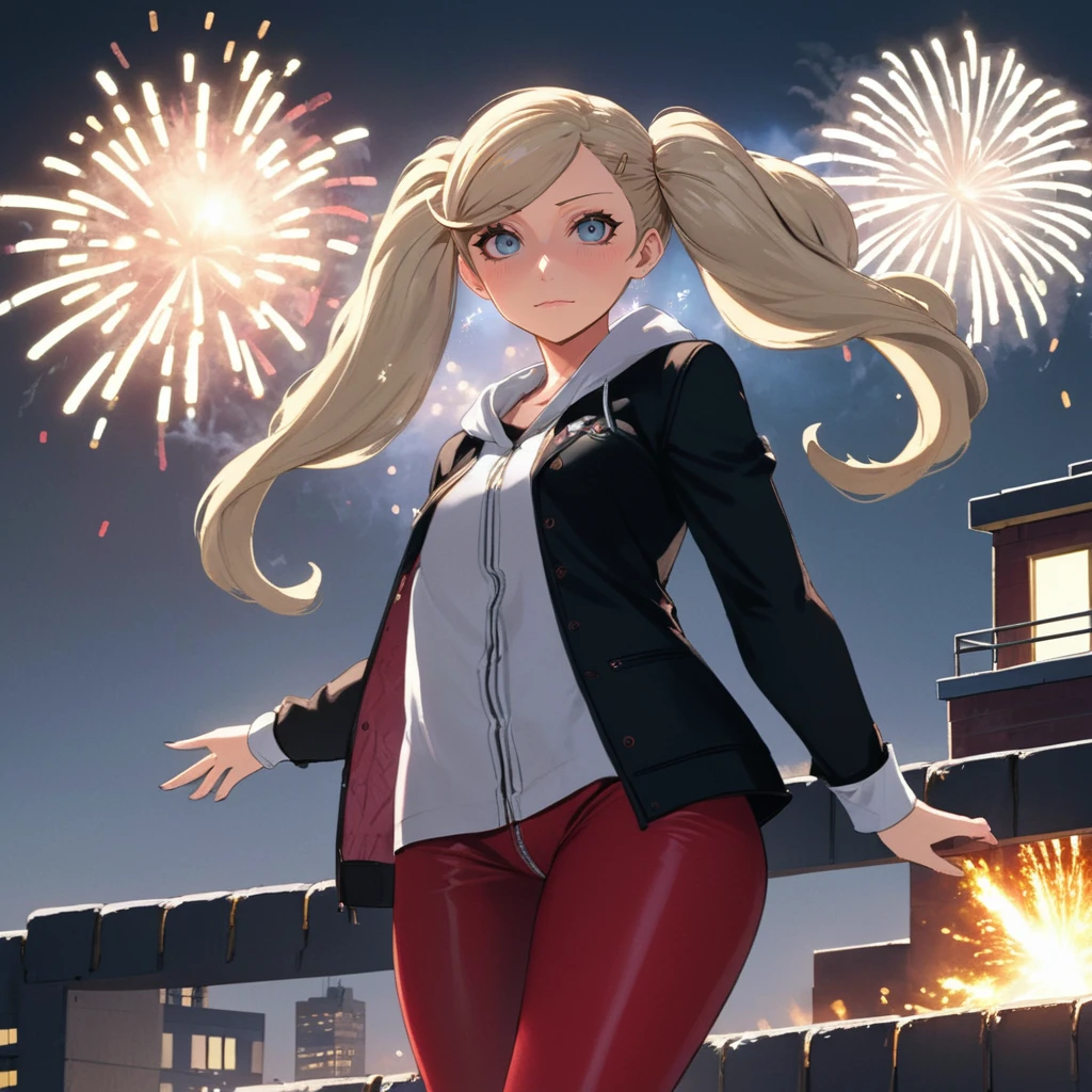 Digital art, masterpiece, a very detailed and professional screenshot, A teen Takamaki Ann standing on rooftop with fireworks wearing black jacket with white shirt <lora:ann_xl-000012:1>