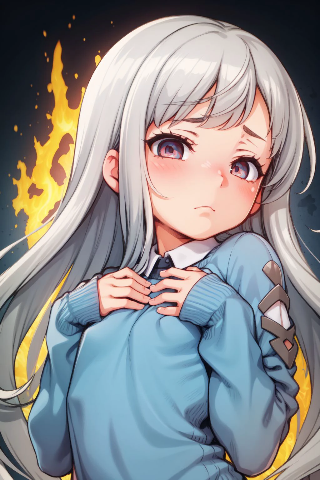 upper body, solo, 1girl, sad, hand_on_own_chest, grey hair, long hair, bronze eyes, blue pullover, fiery background <lora:RabbishKingdom_Uousa-ou_style_v02:1>