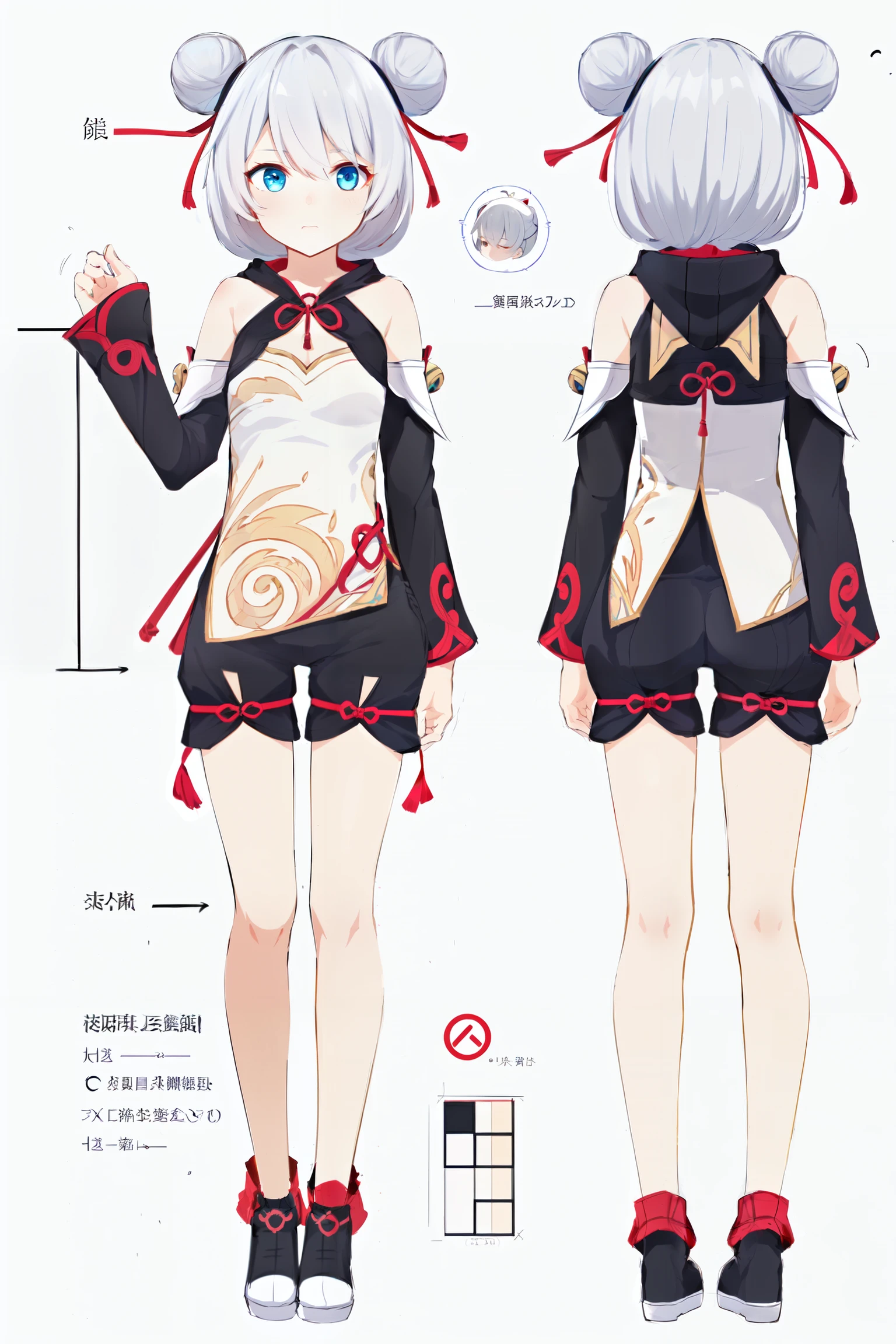 multiple views, pencil sketch, (sketch:1.25), (,small breasts,), ((no shoes)), shy, best quality, graphite \\(medium\\), ske, gradient, rainbow, note, Line draft, highres, absurdres, (ultra-detailed:1.1), (illustration:1.1), (infographic:1.2), pajamas, (all clothes configuration:1.15), (solo), perfectly drawn hands, standing, cohesive background, paper, action, (character design:1.1),
<lora:tangou-v100:0.8:lbw=OUTALL>, (tangou:1.2), 1girl, theresa apocalypse, double bun, hair bun, chinese clothes, blue eyes, bare shoulders, bangs, white short hair, black shorts,