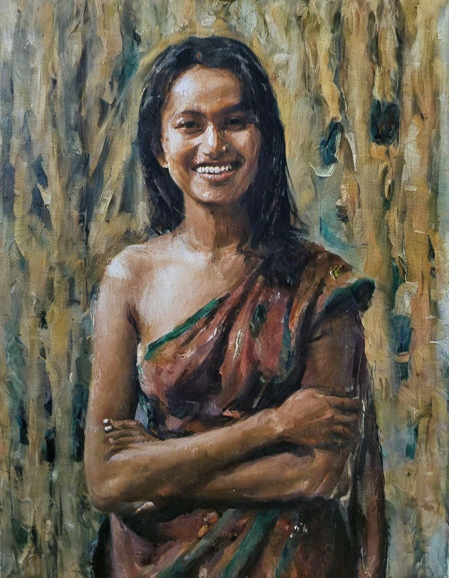 oil on canvas, slender Bangladeshi Woman, Smiling and Authentic, aleyo painting style <lora:ALEYO_ON_CANVAS_v3:1>