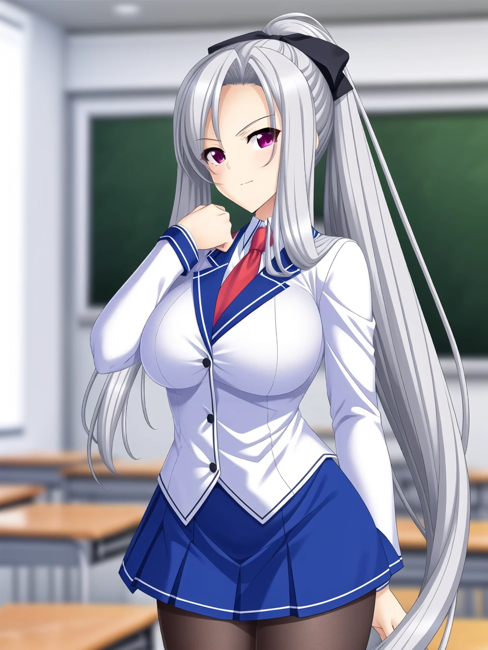 <lora:Usami_Suzuno_lora:0.75>, ponytail, purple_eyes, silver_hair, long hair, large breasts,
best quality, (8k), (4k),(Masterpiece), (Best Quality), extremely detailed, intricate, hyper detailed, (perfect face), illustration, perfect_eyes,
(1girl), bishoujo, (portrait:1.3), indoors, student, classroom,
long sleeves, (school uniform), black pantyhose, (pleated_skirt),
(standing), (smile:0.7), closed mouth, looking at viewer,