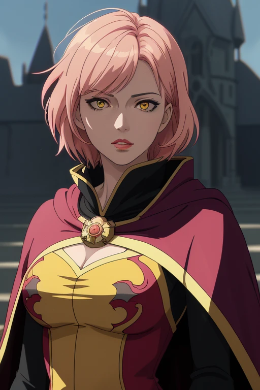 (solo:1.0), modern cel shaded anime, photograph, (wide angle:1), centered, upper body portrait of very beautiful mature woman, short pink hair, ( Cloak), ( inner cloak yellow:1), (outer cloack black:1), yellow eyes, looking at viewer, solo, upper body, (masterpiece:1.4), (best quality:1.4), red lips, parted lips, castle:1, dramatic shadows, extremely_beautiful_detailed_anime_face_and_eyes, an extremely delicate and beautiful, dynamic angle, cinematic camera, dynamic pose, depth of field, chromatic aberration