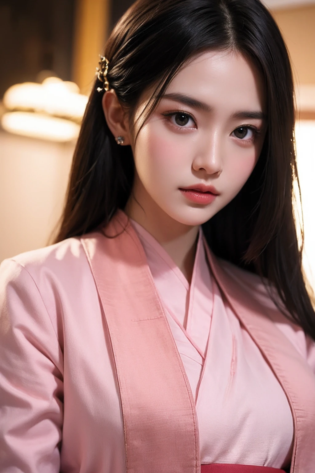 <lora:Again_Girl_A8_R2:1.5>,Again Girl A8 R2,1girl,close up,black long hair,solo,looking at viewer,black eyes,closed mouth,(pink Dao Robe:1.4),