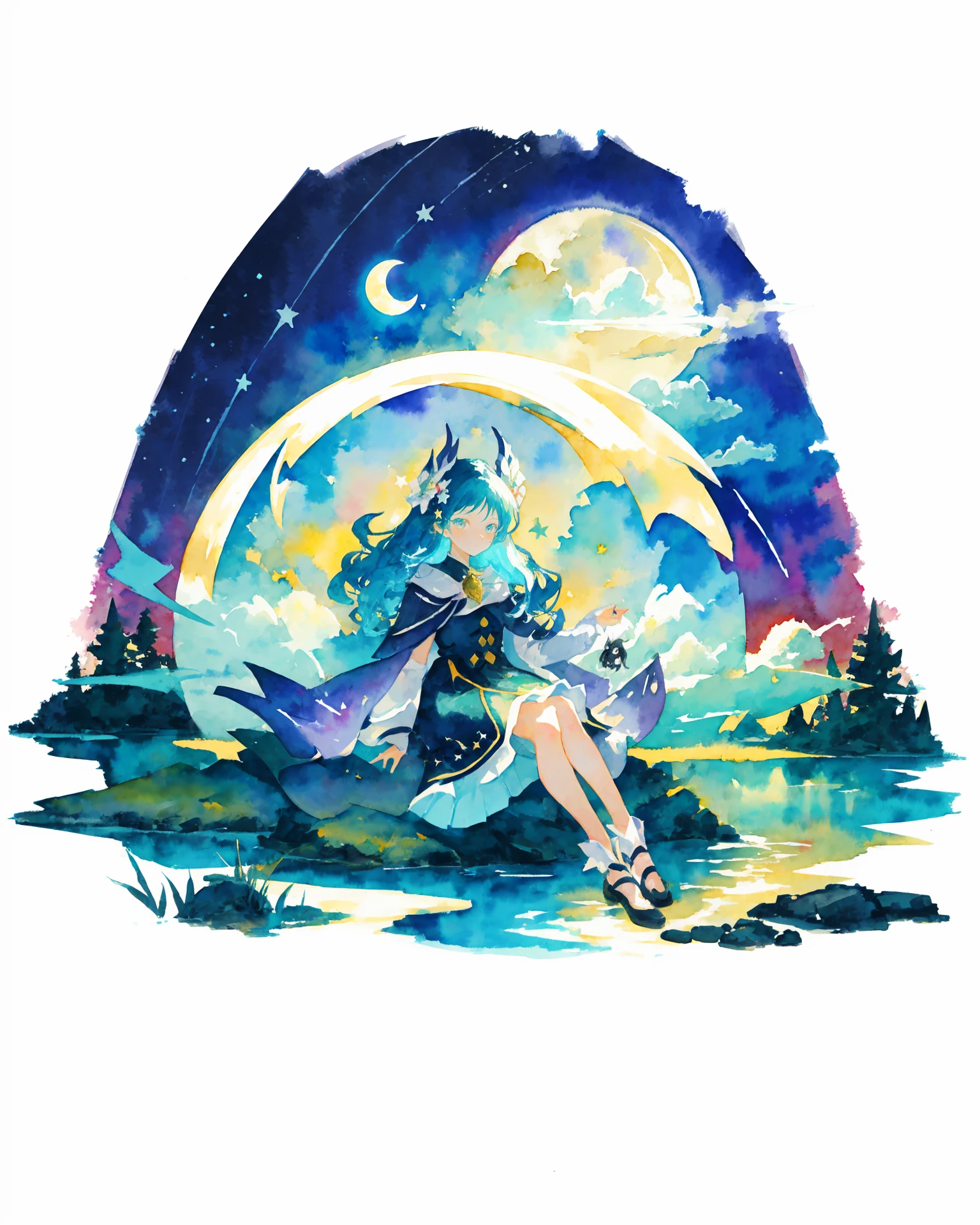 [(white background:1.5), ::2]1girl, solo, (isometric:0.75), 
a watercolor painting of a long hair girl, rococo dress, sitting beside lake, moon, entitled light, moon and stars, in the style of magical girl, colorful absurdism, oshare kei, dreamlike illustration, vibrant colorscape, dansaekhwa, multilayered