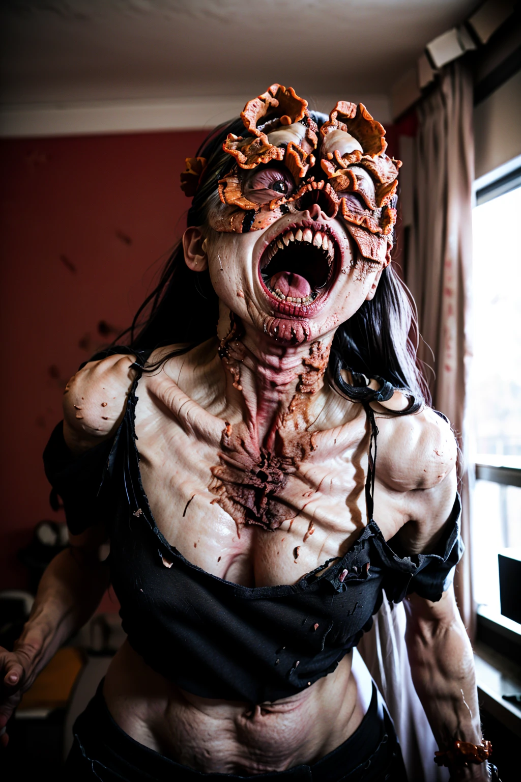 <lora:cl1cker-000010:1>, cl1cker, (wedding dress:0.8), open mouth, teeth, destroyed hotel room