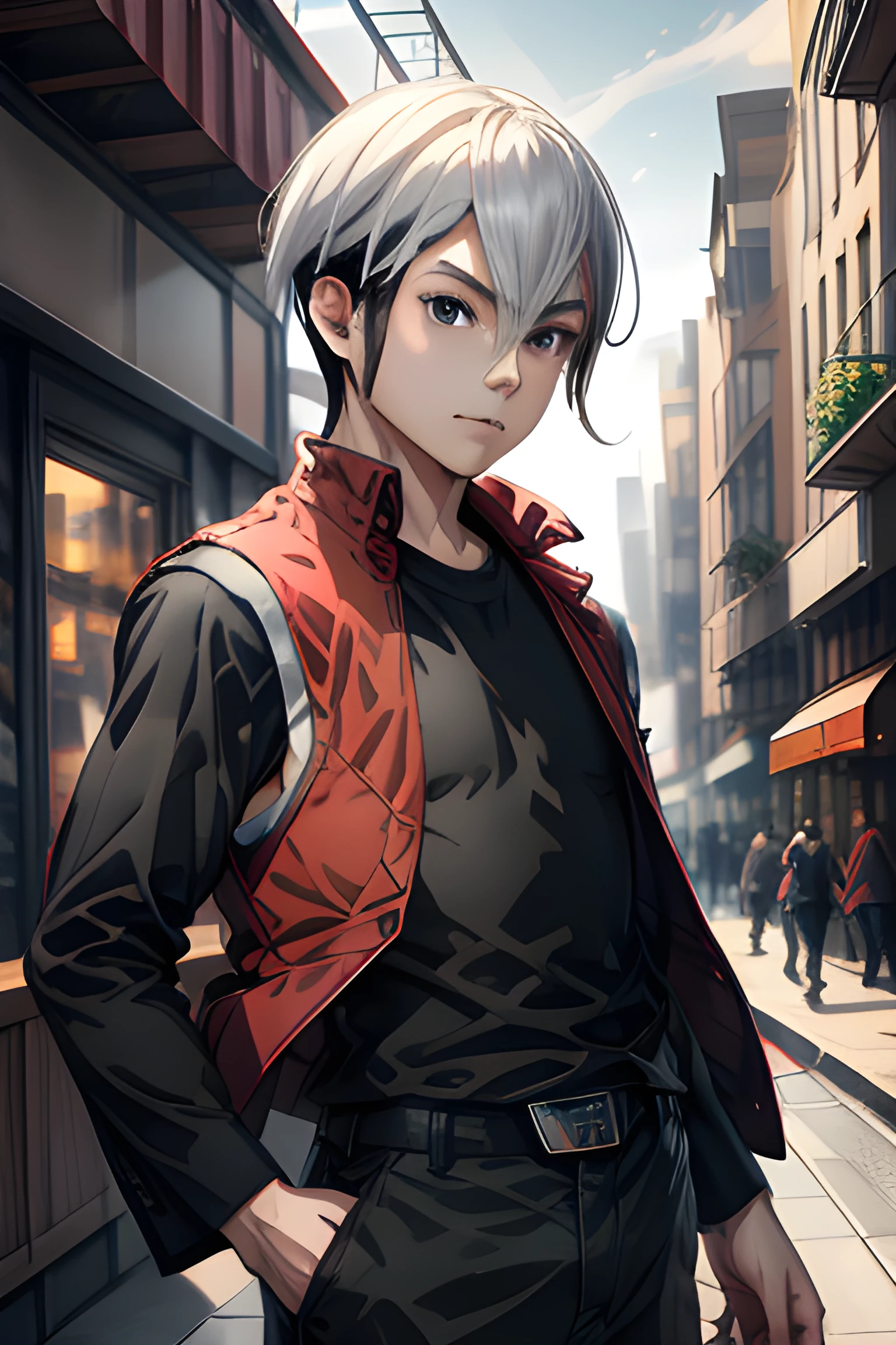 retro game art 1boy, eugene chaud, two tone hair, long sleeved black shirt, sleeveless red jacket, standing, outdoors, city street, natural lighting, highly detailed, masterpiece, portrait . 16-bit, vibrant colors, pixelated, nostalgic, charming, fun