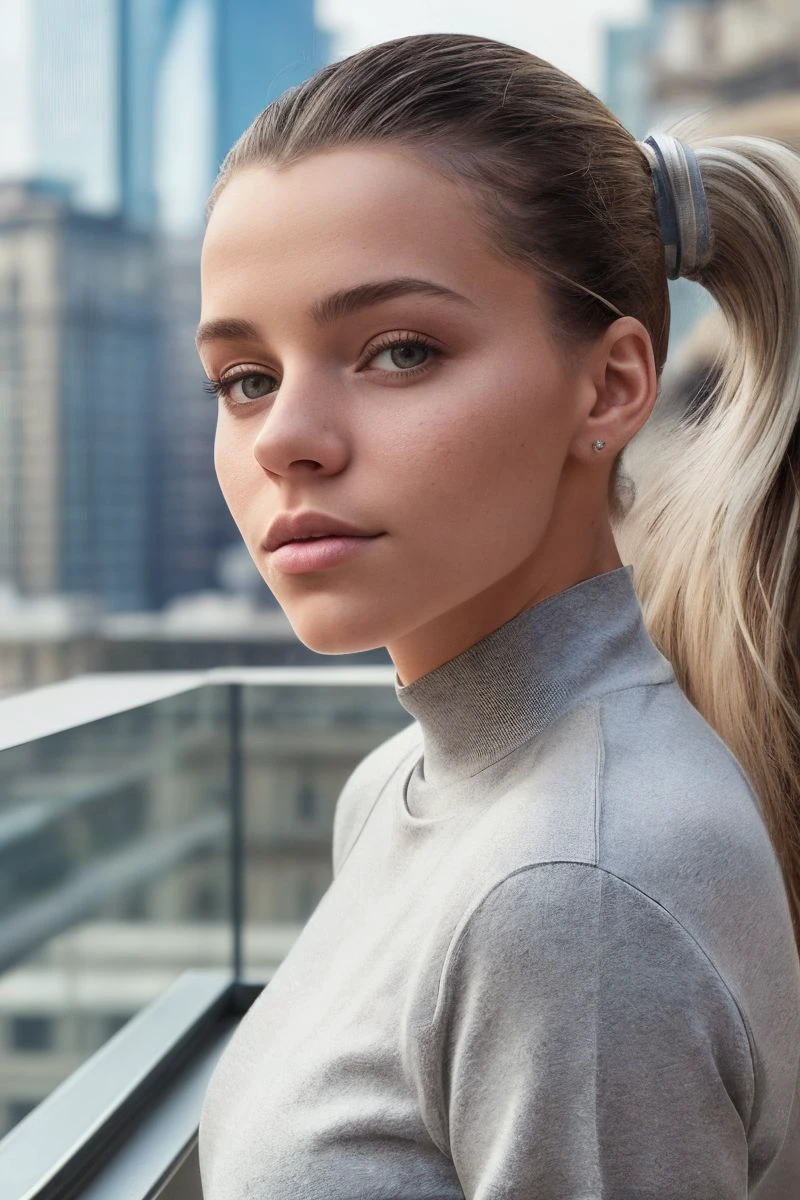 headshot of S277_EkaterinaAlyabova,a gorgeous woman,on a (balcony:1.1),wearing a (crewneck:1.1),,(ponytail),(cityscape),(4k, RAW photo, best quality, depth of field, ultra high res:1.1),(absurdres, intricate, photorealistic, masterpiece, ultra-detailed:1.1),