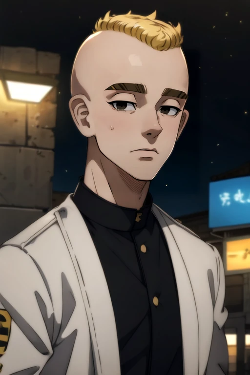 photorealistic, (4k), depth of field, (Masterpiece), (realistic skin texture), extremely detailed, intricate, hyper detailed, high resolution, professional photography, bokeh, depth of field, sharp detail, best quality, looking at viewer, 1boy, solo, male focus, <lora:yasuhiro_mutou:0.96>, yasuhiro_mutou, blonde hair, black eyes, short hair, bald, , jacket, convict costume, ancient rome, Blu-ray
