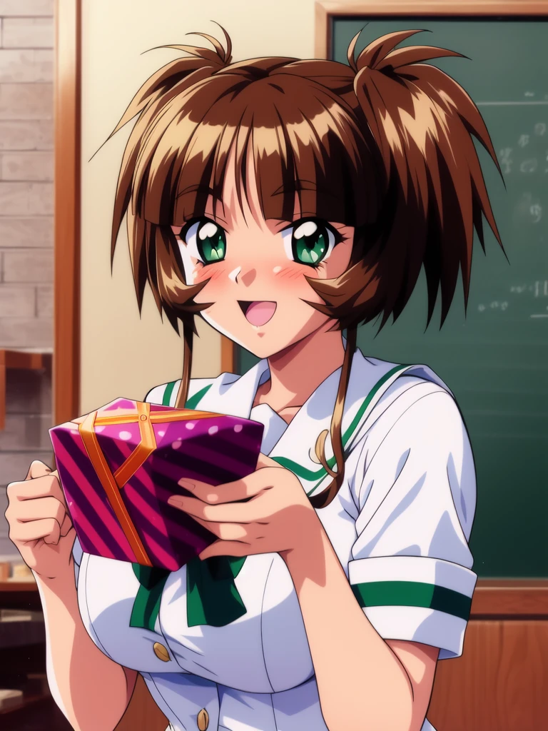 <lora:Ichimonji_Akane:0.8>, Ichimonji Akane, 1girl, solo, green eyes, holding, brown hair, gift, school uniform, holding gift, open mouth, blush, short sleeves, upper body, bangs, 1990s (style), smile, large_breasts, gift box, looking at viewer, shirt, box, short hair, serafuku, retro artstyle, white shirt, room,
masterpiece, high quality, very_high_resolution, large_filesize, full color,
