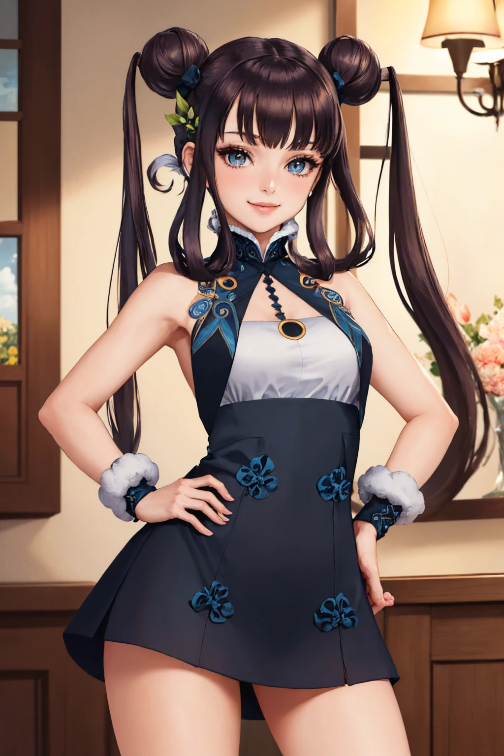 (masterpiece, best quality:1.2), solo, 1girl, yangst1, smile, looking at viewer, hand on hip, double bun, twintails, leaf hair ornament, black dress, arm warmers <lora:fate_yangguifei-09:1>