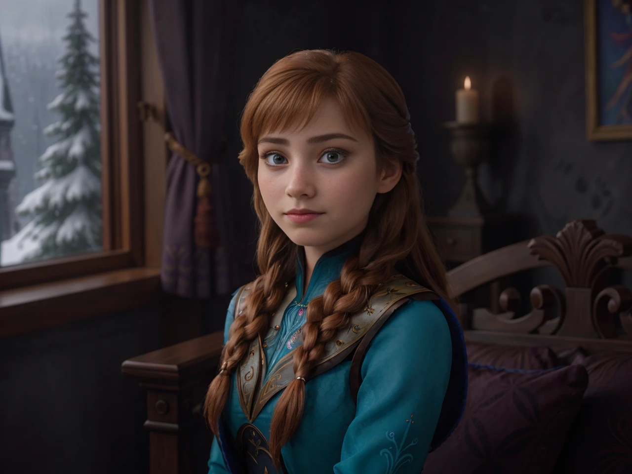 cinematic portrait of Frozen a Beauteous 19 year old girl, (Anna from Disney's Frozen), (teen),anna-frzn, in castle bedroom, corsette , <lora:anna-frzn-v1.1:0.7> . Animated, fairytale, ice magic, highly detailed. 85mm lens, f/1.8, dramatic side lighting, moody atmosphere