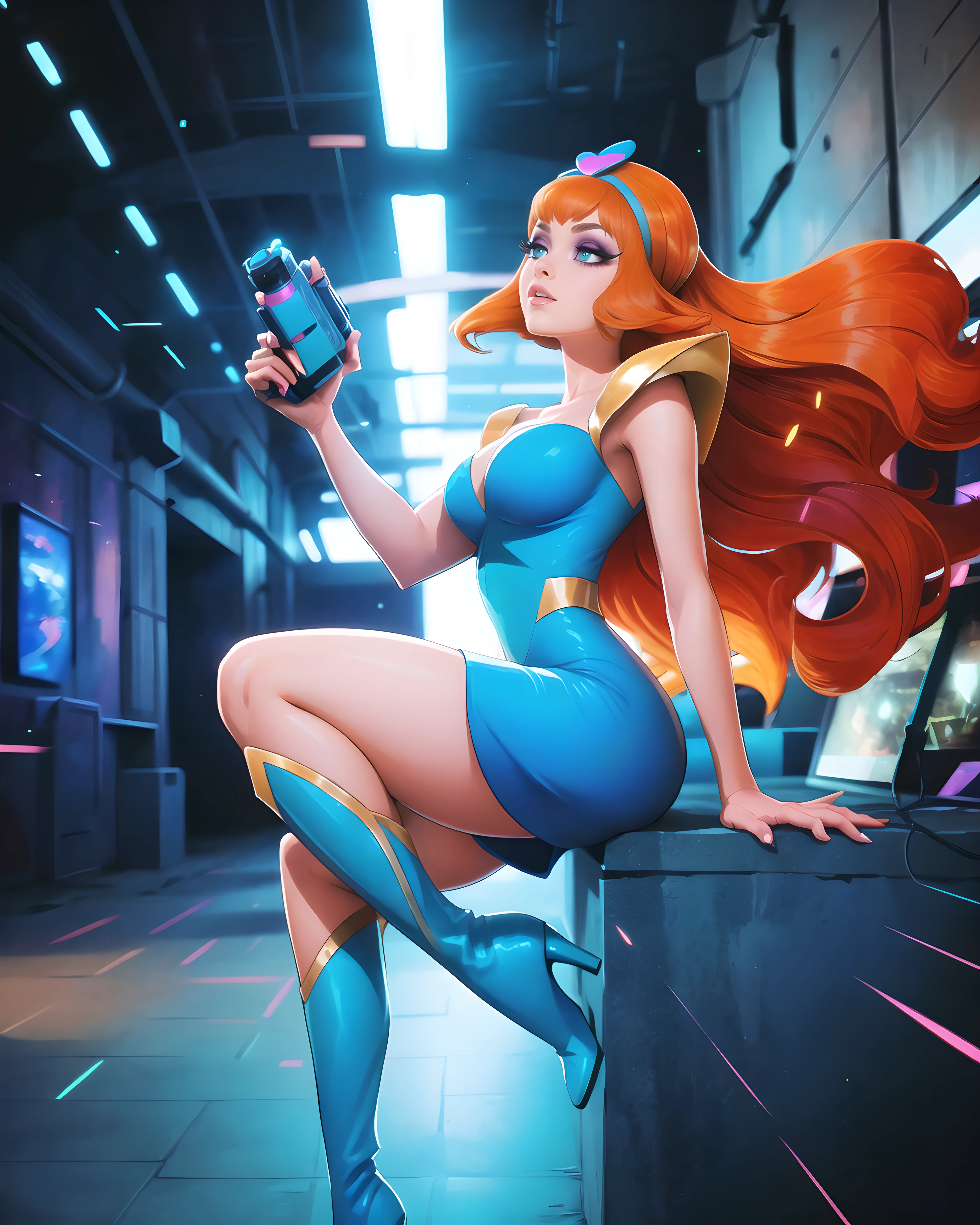 Kimberly_SA, 1girl, solo, (masterpiece:1.4),(best quality:1.4),(highres:1.4),absurdres, intricate details,(highly detailed skin:1.2), solo, Orange hair, long hair, short blue dress, blue eyes, ,heart headband, makeup, eyeshadow, shoulder pads,
(movie composition), amazing composition, depth of field, indirect lighting, ambient lighting,
line art, comic style,
dynamic pose, highheel boots, large breasts,holding energy gun,
(random colors), (dynamic colors), (dynamic weather),
<lora:Kimberly_SA_v01-000002:0.80>