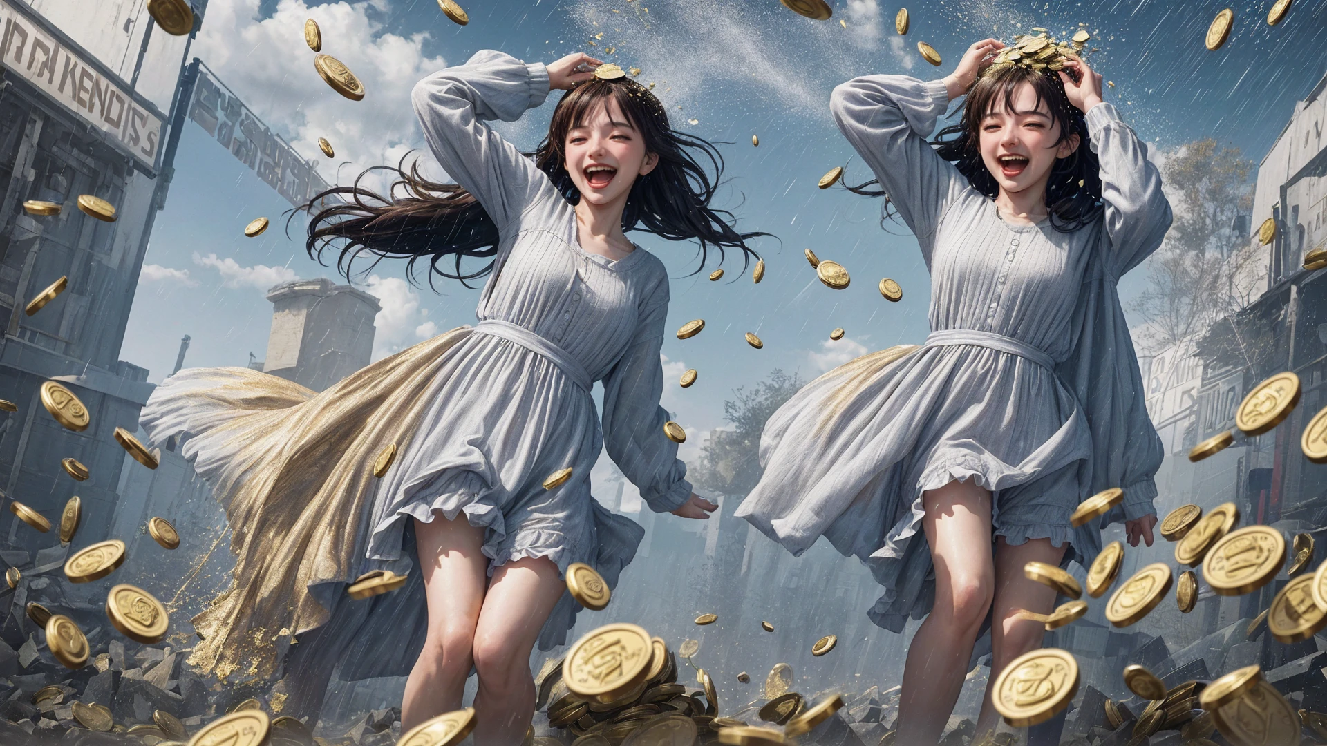 <lora:that is me:0.3>, 1girl,solo, (running Lady Knight, raining gold coins from the sky, gold coins crashing down on the head of the female knight, the female knight holding her head in delight, grand epic scene):1.6, beautiful face,long hair,cinemagraph, close-up, Wide Angle, movieer, movie theacrazy laugh, crazy, full body,
from below,masterpiece,best quality,official art,extremely detailed CG unity 8k wallpaper, sharpening, <lora:run:0.6>run,running,sky,coins,
<lora:add_detail ç»èè°èå¨:0.5>