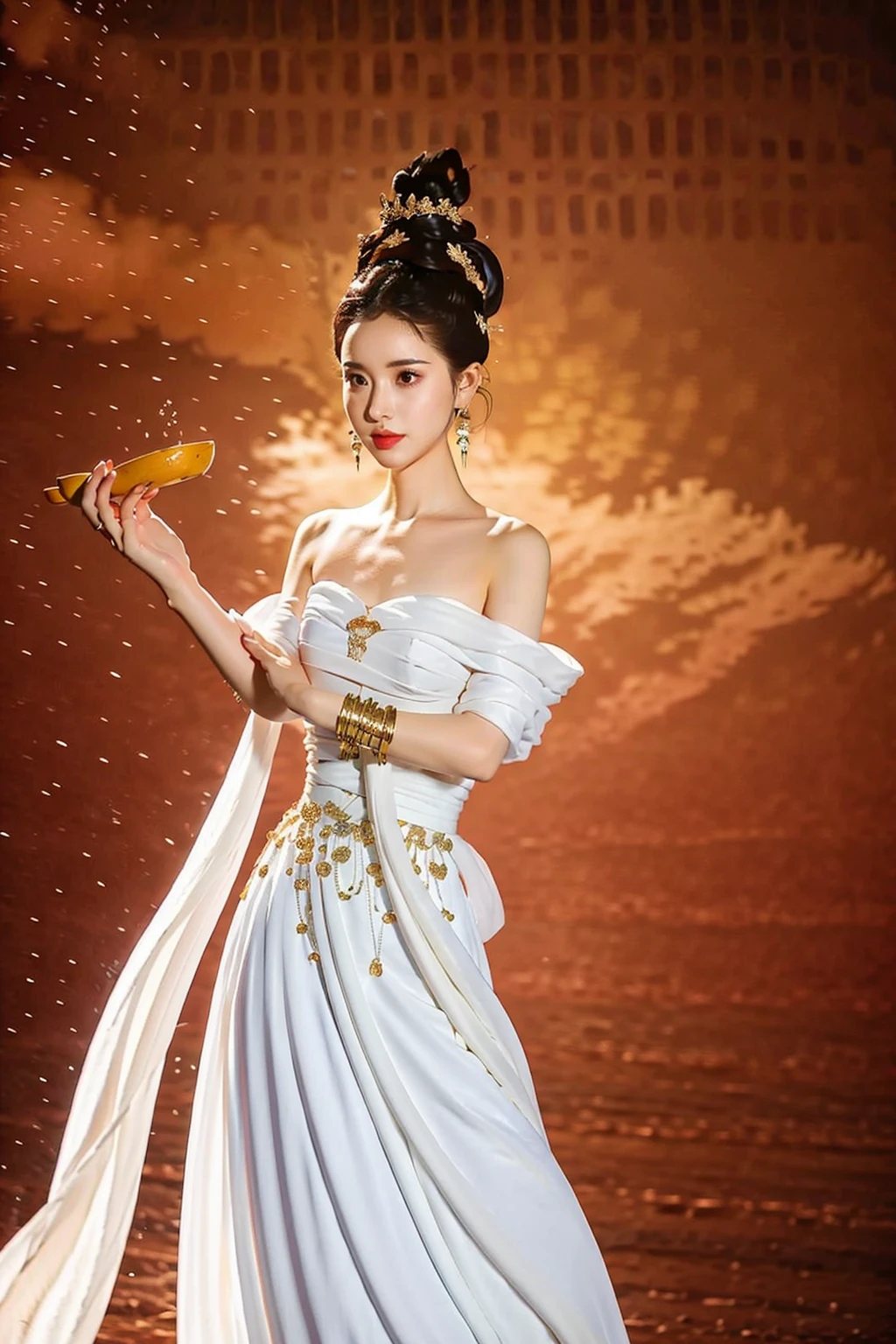 best quality, masterpiece,ultra high res,highres, illustration. media, delicate,8k wallpaper,soft light,official art,professional lighting, photon mapping, radiosity, physically-based rendering,1girl, armlet, bare shoulders, bracelet, dress, hair bun, hair ornament, jewelry, solo, white dress, wristband,<lora:æ¦ç
:0.8>