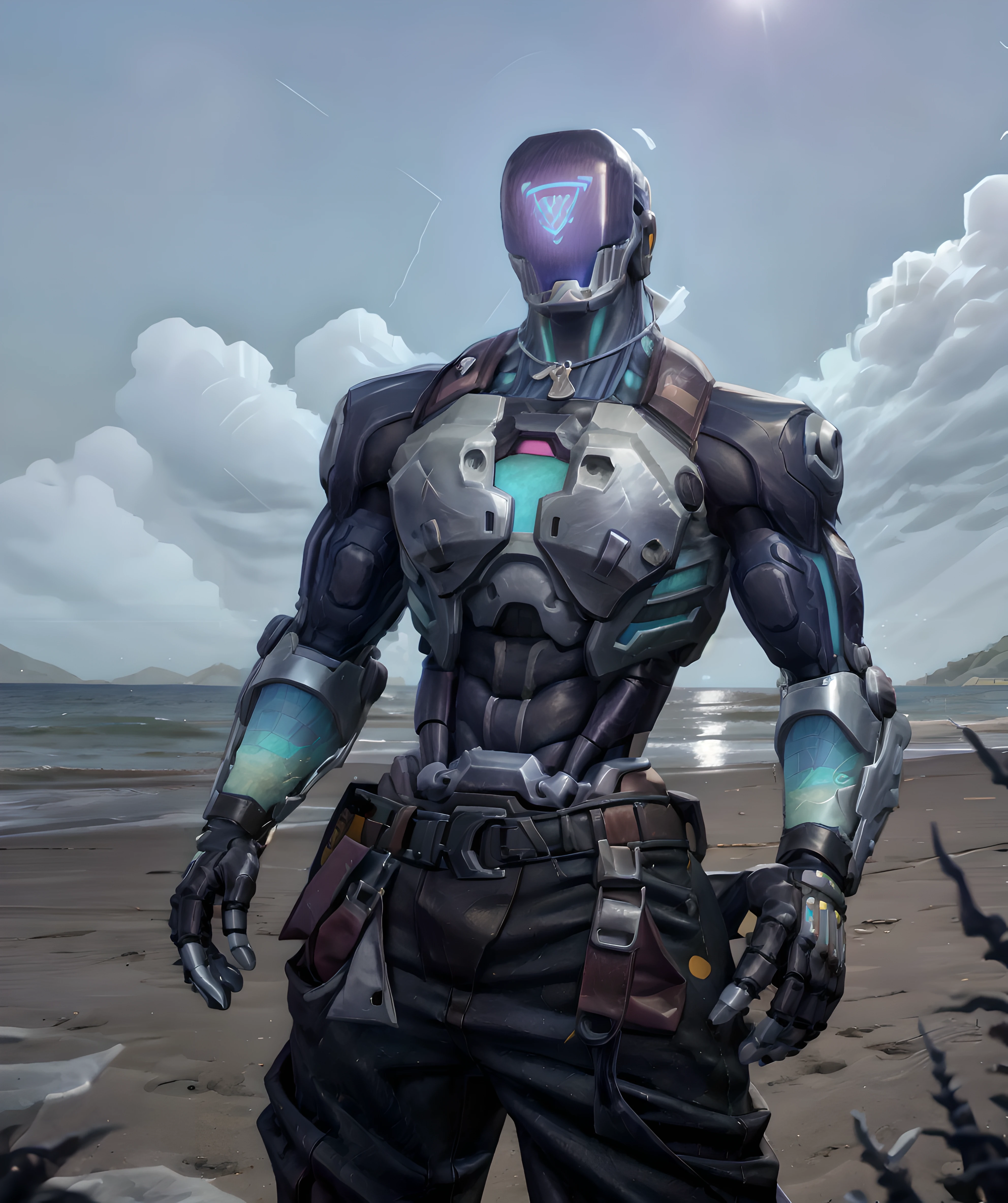 kay/o, standing, robot, muscular, looking to viewer, pants, beach, sunny, sea <lora:Kayo:0.85> <lora:more_details:0.5>