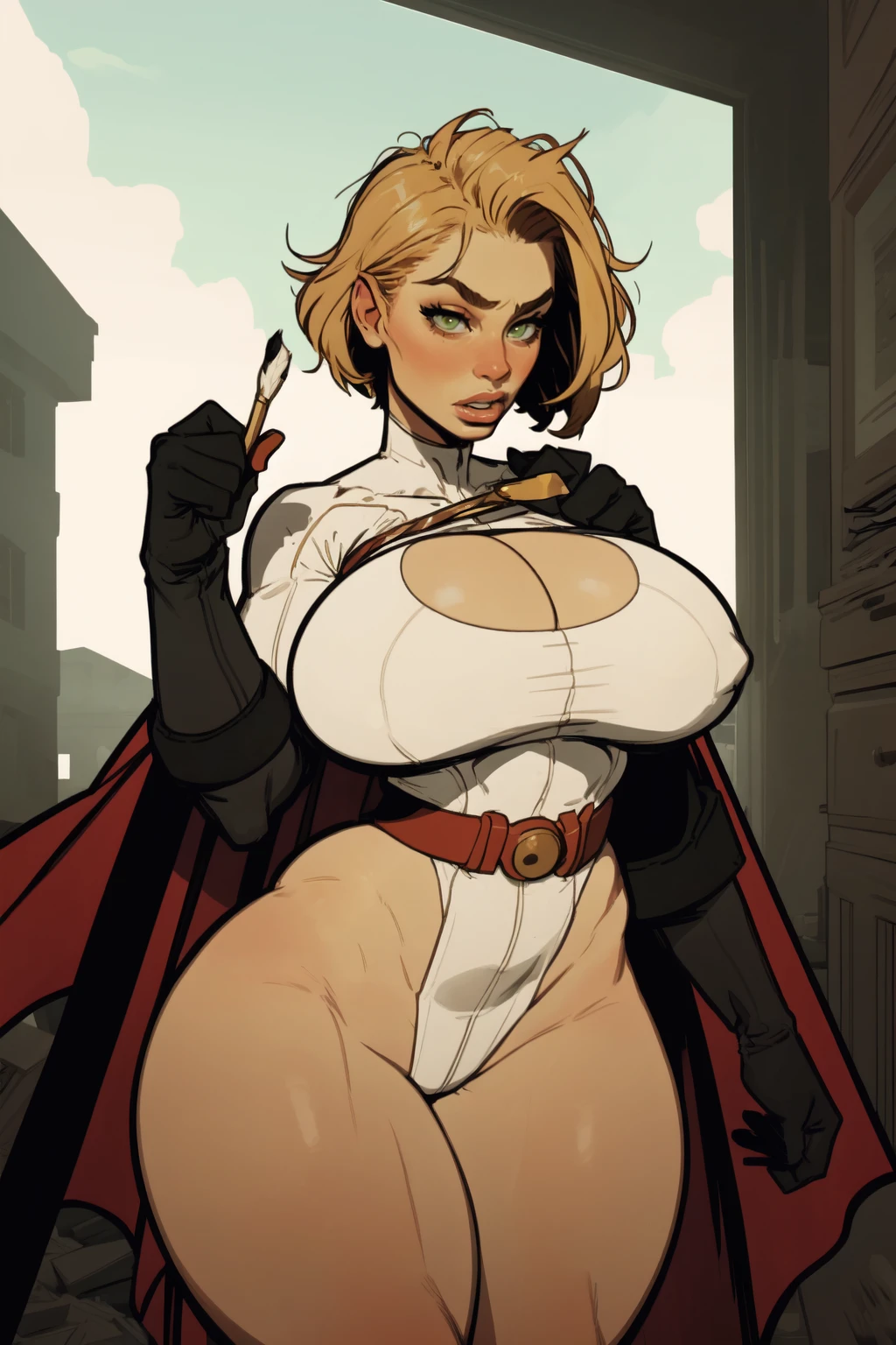 1girl, (solo:1.2)
<lora:DC - Power Girl [novowels - v1.0]:1> pwrgirl, cape, leotard, cleavage cutout, long sleeves, blue gloves, red belt, large breasts, curvy, white leotard
(cowboy shot:1.2)
BREAK <lora:Incase [MockAi - v1.0]:1> incase, western artstyle, semi-realistic facial structure, semi-traditional artstyle, (soft rendering style with visable brush strokes:1.3), (red nose and cheeks:0.9), (skin texture:0.9), sharp nose, bouncing light, voluminous shading, (painterly style:1.2), (thick lineart), (muted colors:1.3)
BREAK intricate details, (masterpiece:1.3), (best quality:1.3), (perfect anatomy:1.4)
BREAK, (post fight scenery:1.3), rubble, outside, daylight