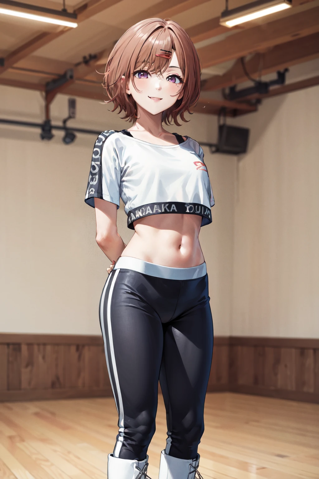 masterpiece,best quality,highres,ultra-detailed,aamadoka,(mole under eye:0.8),short hair,bangs,hairclip,<lora:higuchi_madoka:0.9>,sportswear,(shirt:1.2),(navel:1.2),short sleeves,(pants:1.4),yoga pants,(boots:1.2),<lora:hololive_dance_practice_uniform:1>,indoors,standing,smile,cowboy shot,arms_behind_back,