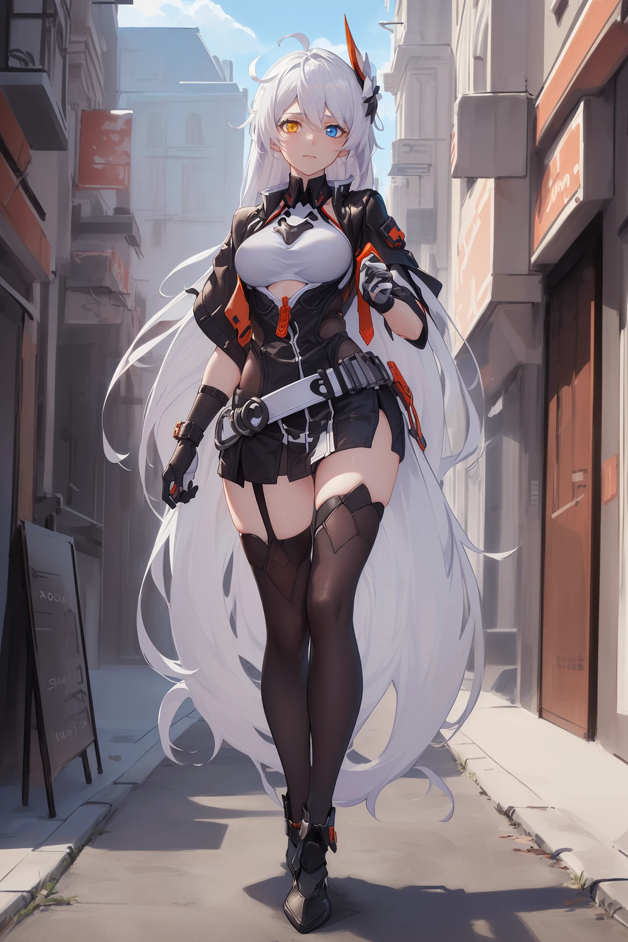 (masterpiece, best quality, high detailed, 8k uhd:1.2), <lora:KianaVD_V2-08:0.8>, kiana vd, 1girl, solo, slender,(medium breasts), (closed mouth, heterochromia:1.2), (long hair, white hair, hair ornament), (dress, thighhighs, cropped jacket:1.3), (armor, bare arms, asymmetrical gloves:1.2), (full body, looking at viewer:1.4), day, outdoors