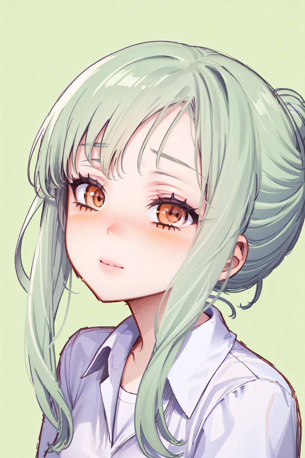 upper body, solo, 1girl, fucked silly, bronze hair, cone hair bun, orange eyes, light green collared shirt, lavender background <lora:Mameojitan_style_v03:1>