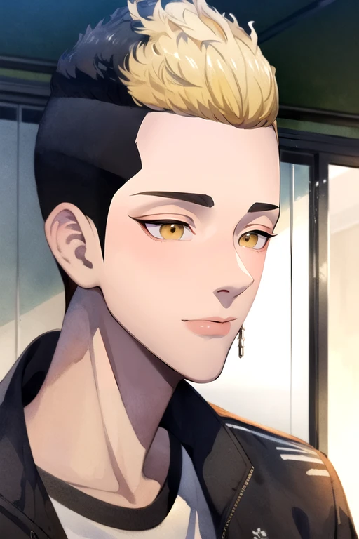 (best quality:1.1), (masterpiece:1.4), game cg, , , , (watercolor illustration, soft pastel colors:1.1), , 1boy, solo, male focus, <lora:shuuji_hanma:0.94>, shuuji_hanma, black hair, yellow eyes, , short hair, undercut, jacket, , gym, High definition