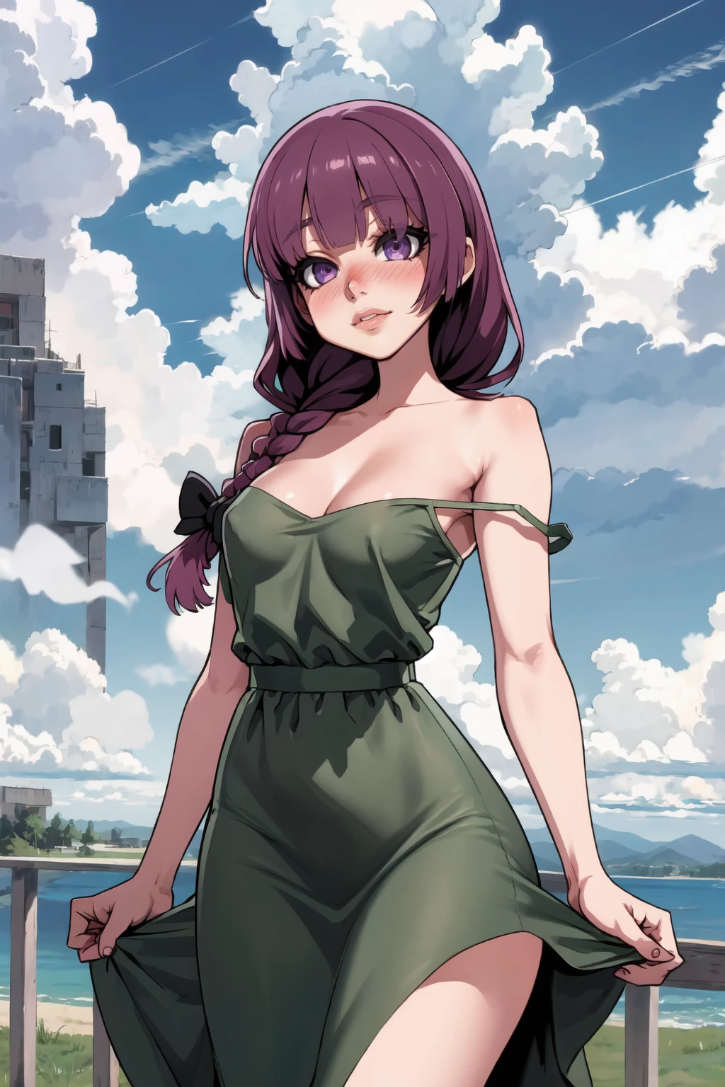 1girl, (solo:1.2), (cowboy shot:1.2), (looking at viewer:1.3),
<lora:Hiroi Kikuri [justTNP - v1.0]:1> hiroi kikuri, (blunt bangs:1.2), braid, hair over shoulder, long hair, hair bow, (purple hair:1.2), (purple eyes:1.2), (drunk), blush, large breasts, curvy, young female, bow, dress, black bow, (green dress:1.2), strap slip, no bra
BREAK <lora:Asanagi [MockAi - v1.0]:0.85> asanagi, (anime aesthetic:1.2), matching eyelashes, detailed eyes
BREAK intricate details, (masterpiece:1.3), (best quality:1.3), (perfect anatomy:1.4) BREAK, (beautiful white clouds:1.3), puffy clouds, white sky