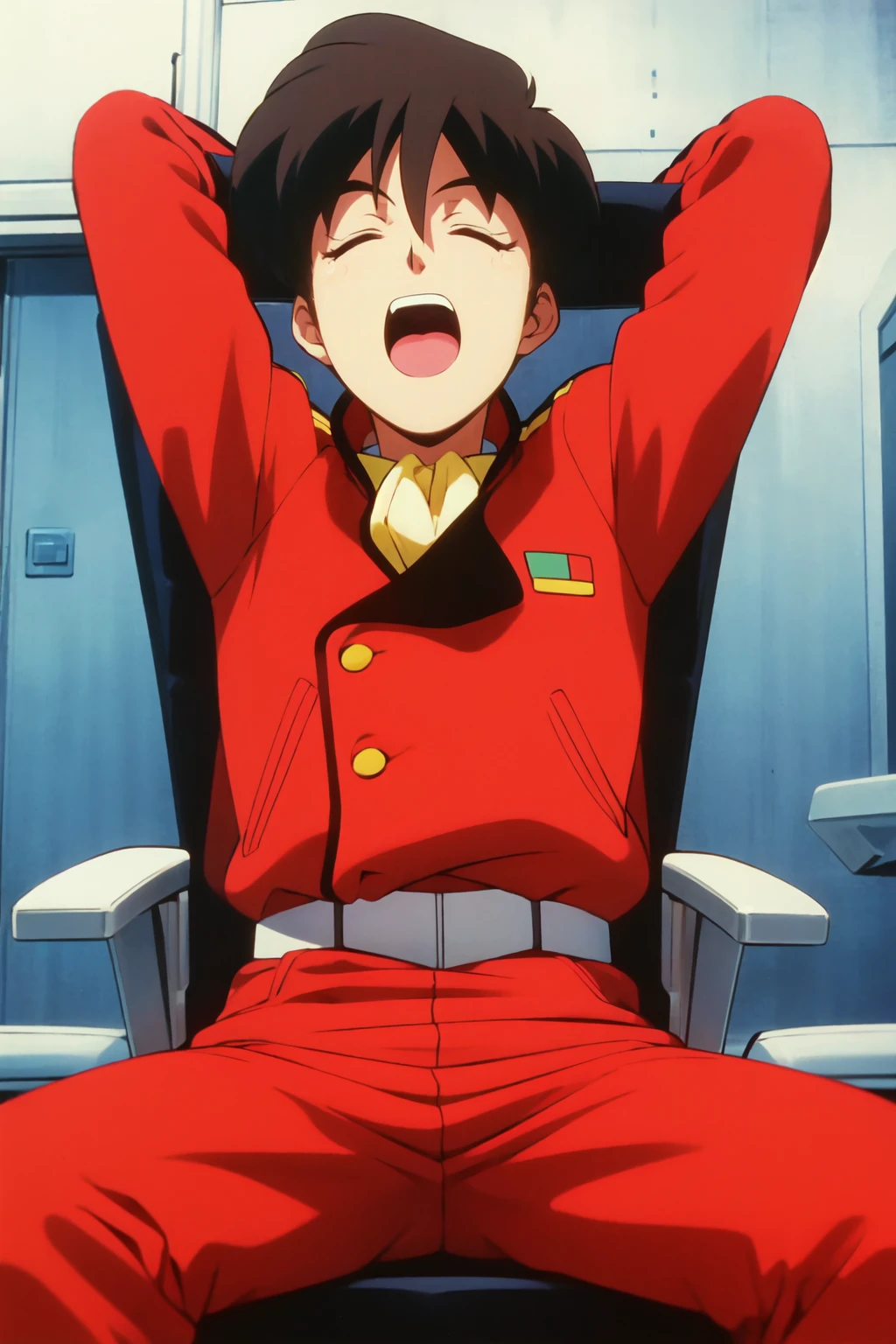 irrtylor, 1boy, male focus, solo, military uniform, ascot, belt, red pants, boots, white footwear, long sleeves, closed eyes, sitting, arms behind head, retro artstyle, arms up, chair, open mouth, 1990s (style), science fiction, spaceship bridge <lora:irrtylor_V2-10:0.7>
