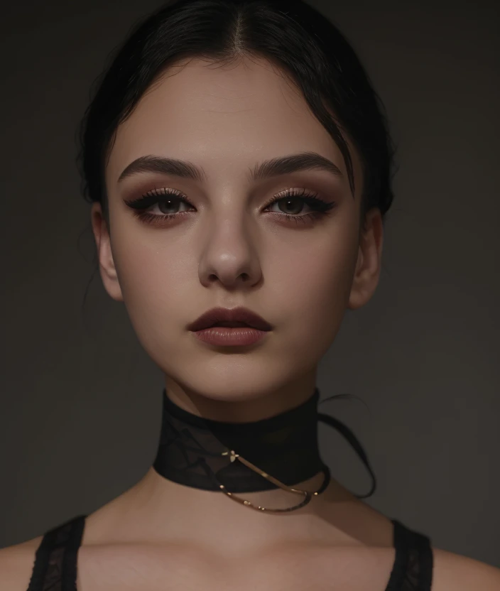 d3vcas looking at viewer, simple background, black hair, closed mouth, choker, black eyes, lips, makeup, black choker, portrait, Ultra-HD-details