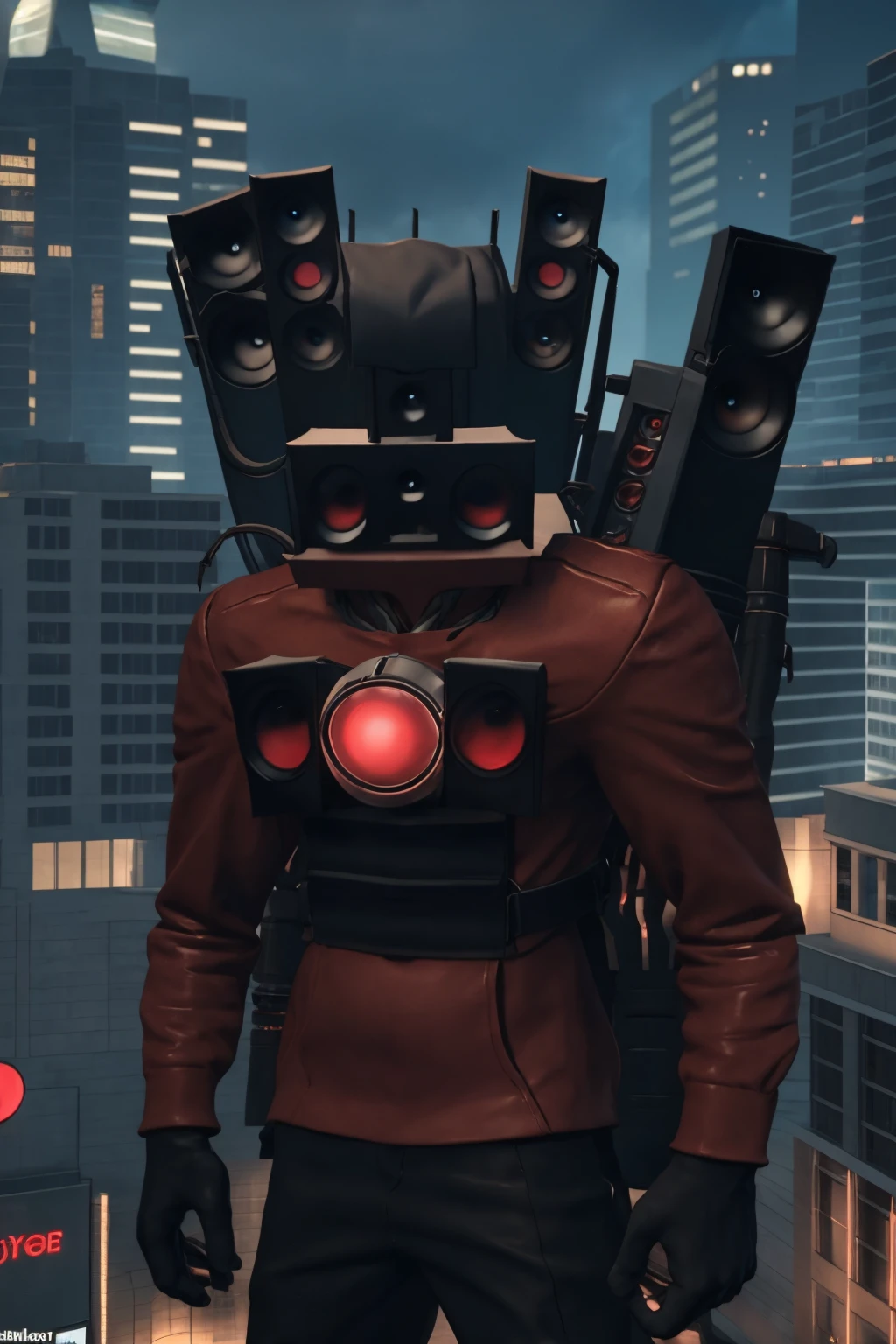 Realistic, octane render, 4k, hd, detailed, eldritch details, 1boy, solo, standing, looking at camera, <lora:titanspeakermanvx-1.0:1> titanspeakermanvx, city background