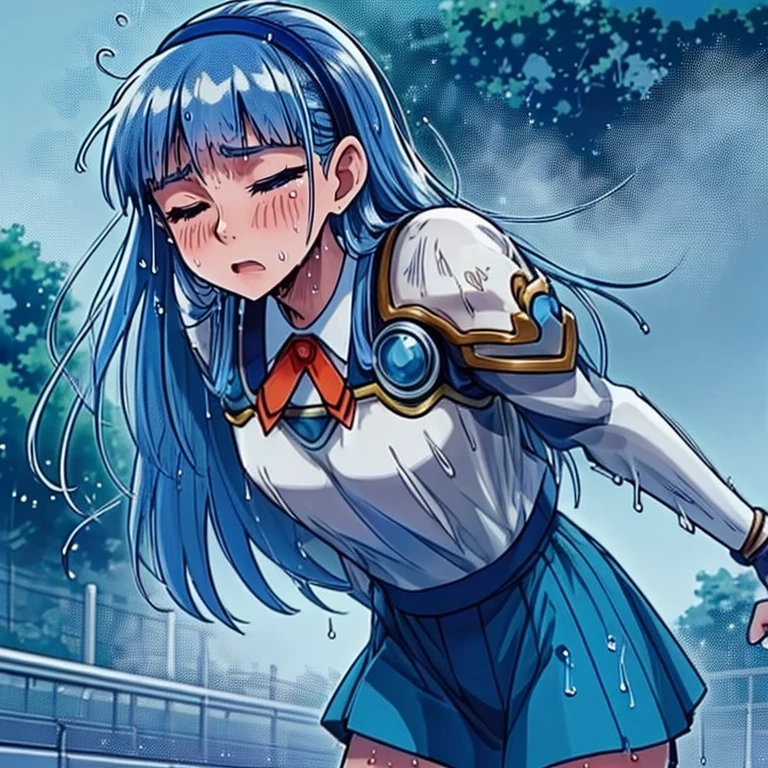 ((top quality, 8k wallpaper)),(masterpiece, best quality),extremely detailed,high definition,(official art:1.3),(((anime screencap,black outline))),<lora:more_details:0.3>,<lora:LCM_LoRA_Weights_SD15:1>,1girl,solo,blush,half-closed eyes,steaming body,heavy breathing,sick,
<lora:umi_ryuuzaki_shoulder_armor:1>, umi ryuuzaki,hairband,armor shoulder,armor,blue skirt,
BREAK
<lora:sweatAthlete:0.4>,(((sweat,sweatdrop,flying sweatdrops, sweating profusely,wet,wet clothes,wet hair,messy hair))),exhausted,exercise,stadium,outdoors,running track,running,