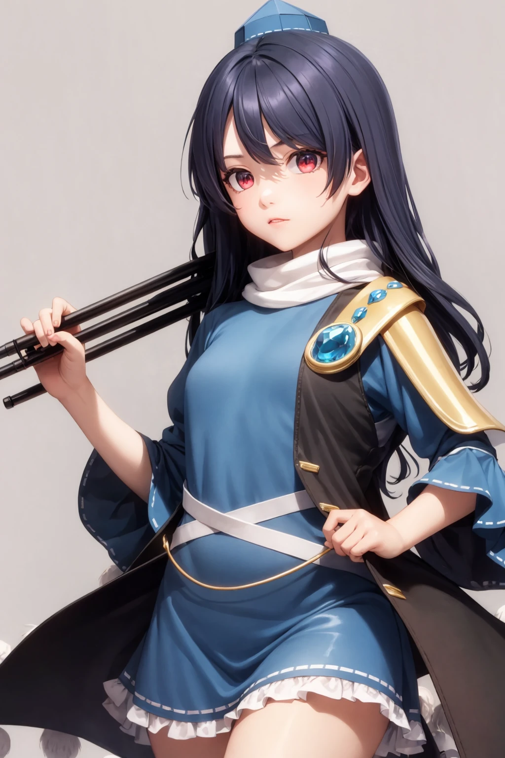 masterpiece, best quality, <lora:IizunamaruMegumu:1>,
iizunamaru megumu, 1girl,tokin hat, long hair,blue hair,red eyes,shoulder armor,single pauldron, gem,sleeveless coat,black coat, dress,frilled dress,ribbon trim,pom pom (clothes),
holding, mount,
cowboy shot, grey background,