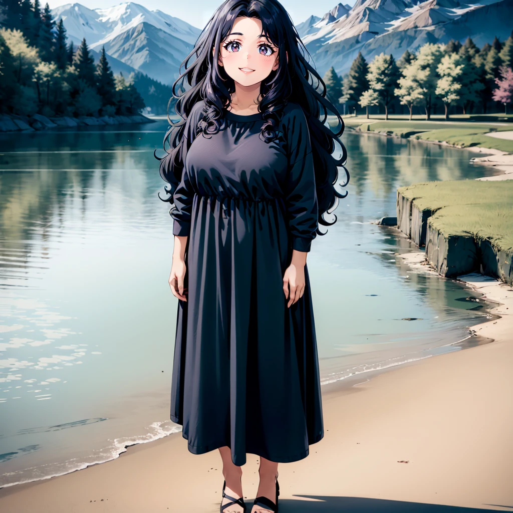 <lora:ETO_OCC006:0.7>,looking at viewer,smile,parted lips,
ETO_OCC,1girl,curly hair,longhair,fat,
full body,
nature,lake,mountain,black dress,