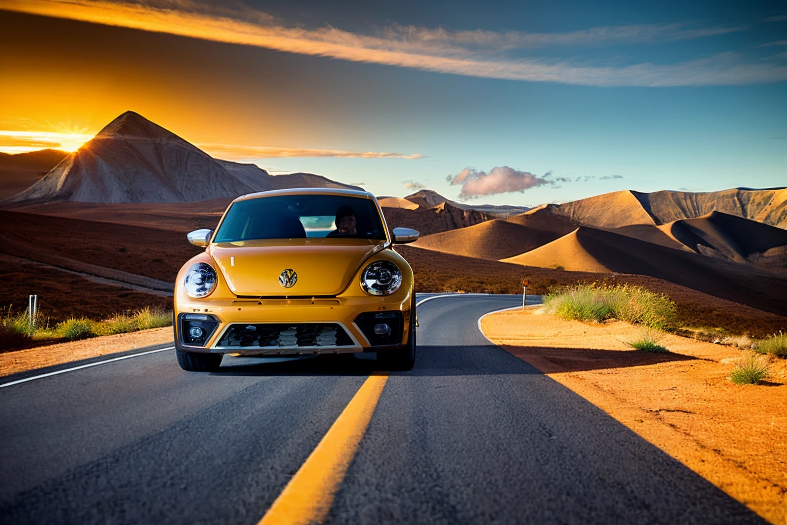 landscape, winding road, mountains in the background, sunset, DuneBeetle, car in the distance,
<lora:DuneBeetleSD:1>